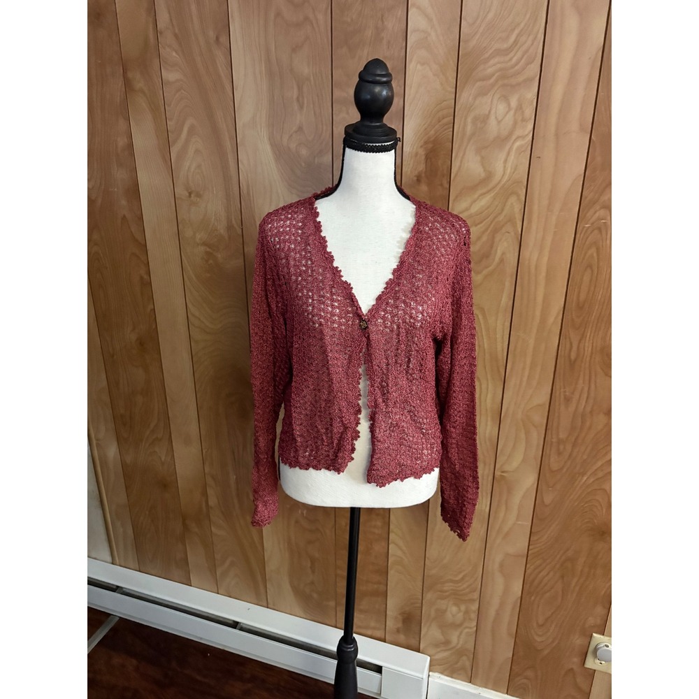Ball of Cotton Handcrafted USA Red Open Knit Button Front Cardigan Sweater Sz 1